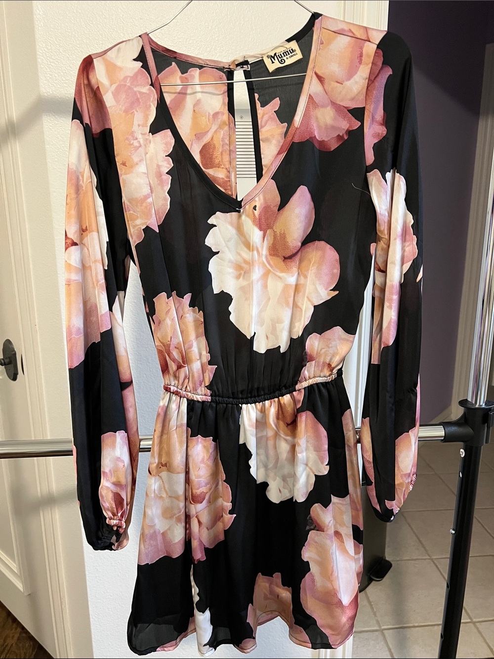 Show Me Your MuMu Black Floral V-Neck Long Sleeve Rainer Mini Dress Satin feel